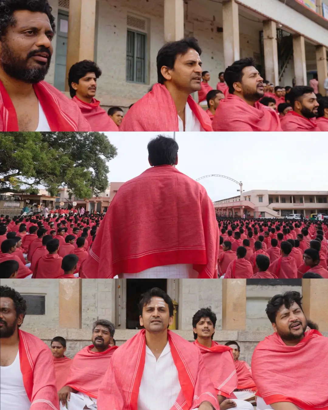 Three-panel collage of men in red shawls and a large outdoor gathering from the O Belake music video.