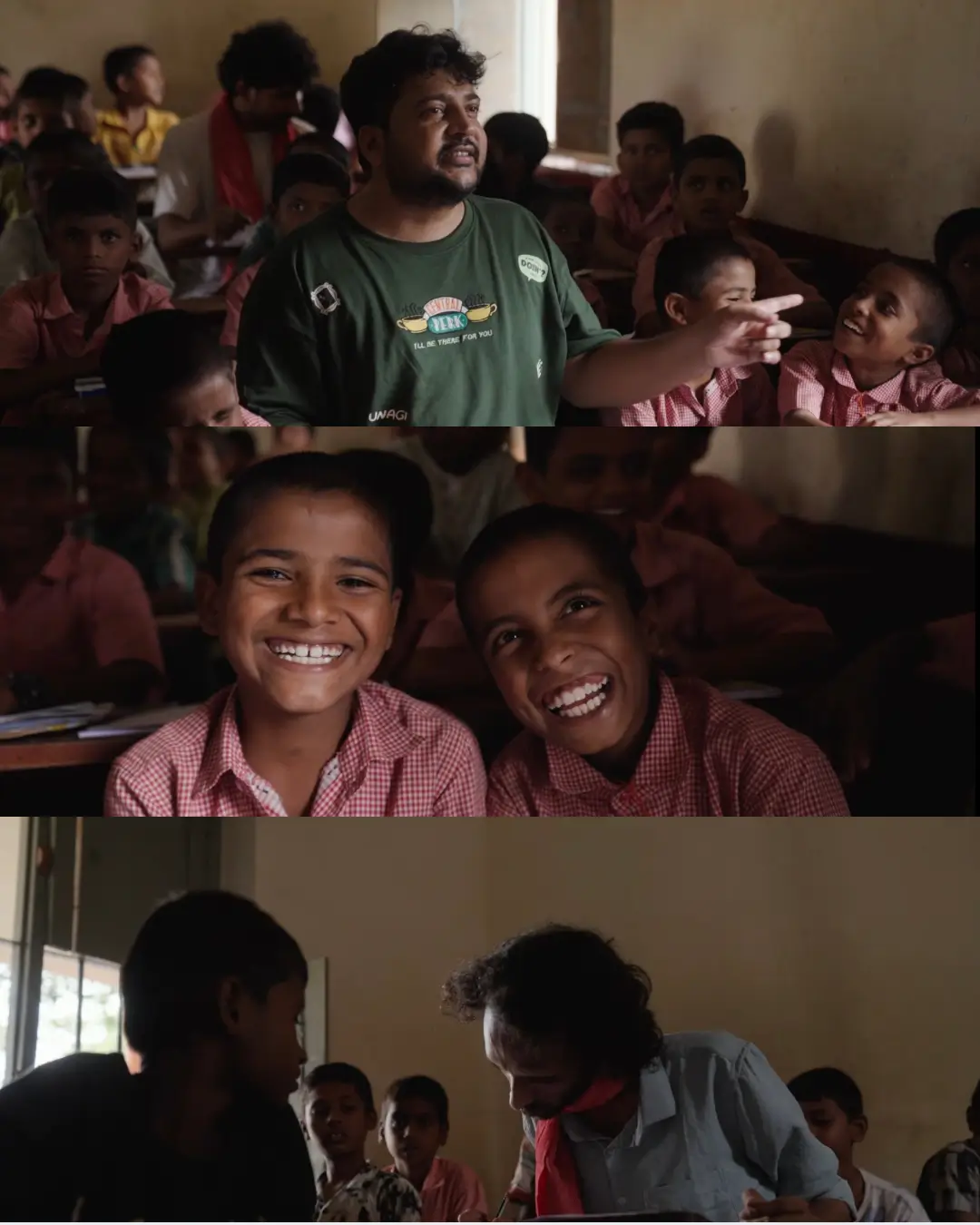 Three-panel classroom collage with schoolchildren from the O Belake music video.
