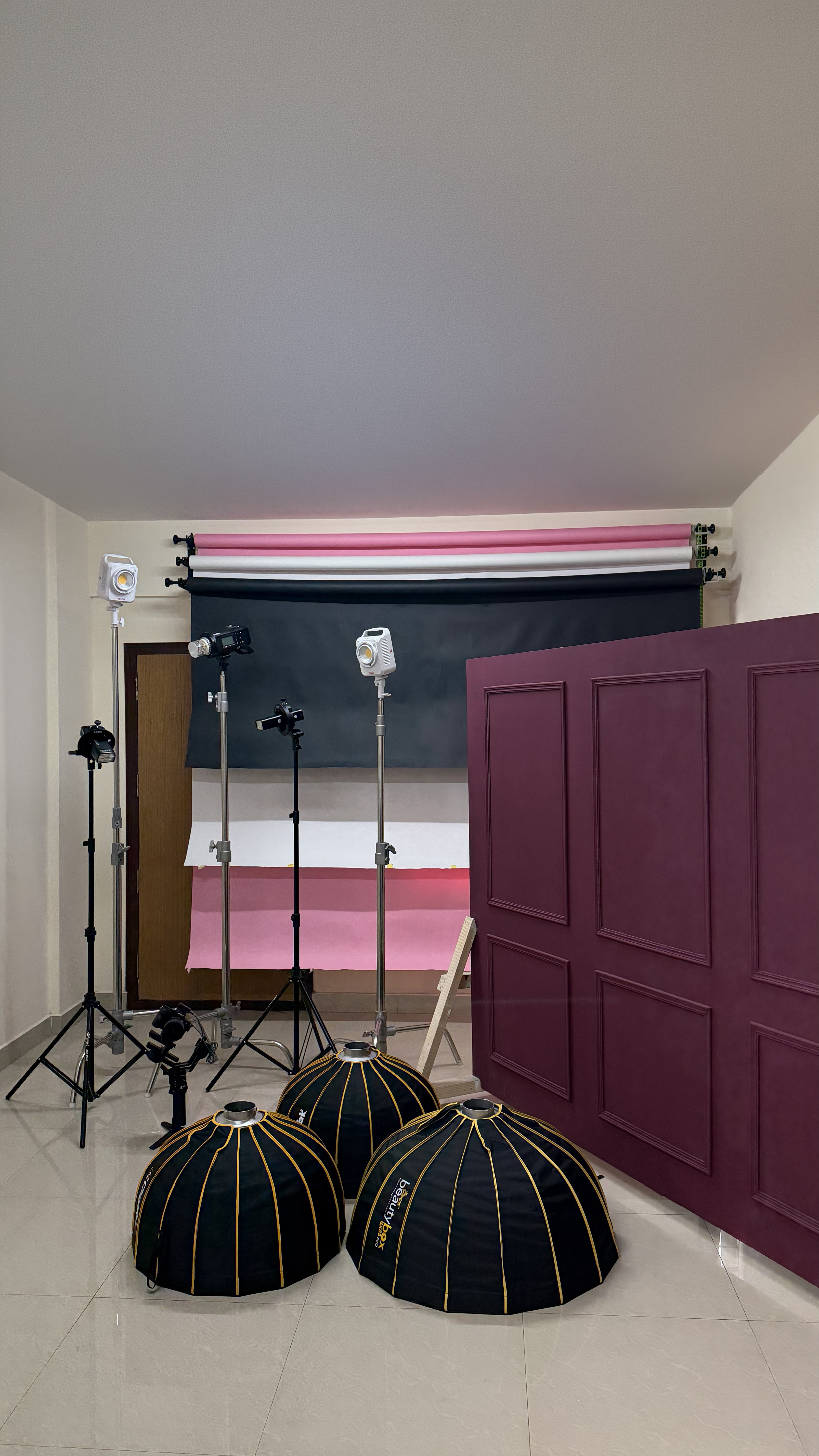 Inside the J. P. Nagar studio, a wine-red panelled wall sits beside a pink-white-black paper backdrop roll and monolights on stands.
